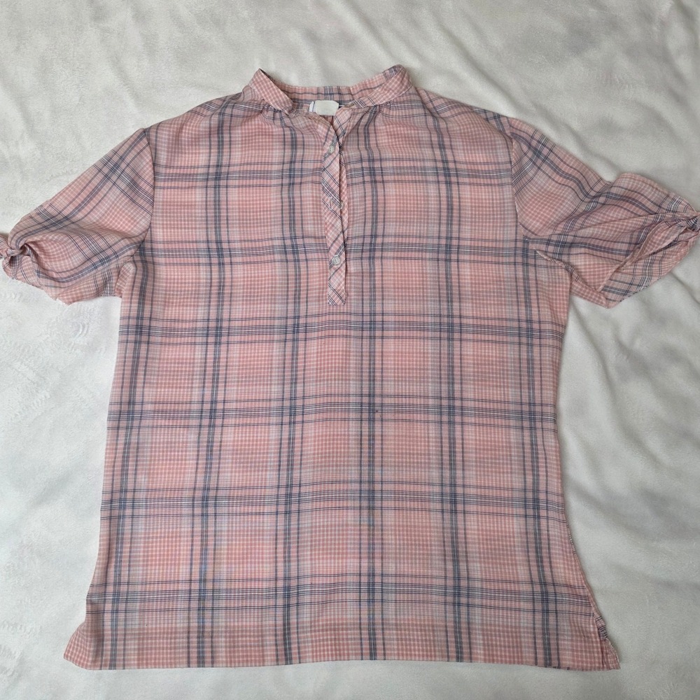 Vintage‎ Ship n Shore Pink Plaid Henley Blouse Short Tie Sleeve Sz 14 READ